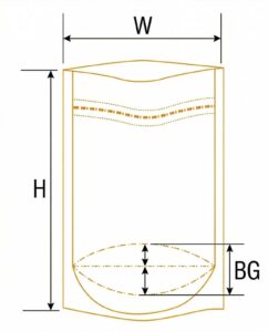 Stand up pouch measurement diagram for width, height, and bottom gusset