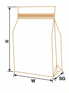 flat bottom pouch measurement diagram for width, height, and side gusset